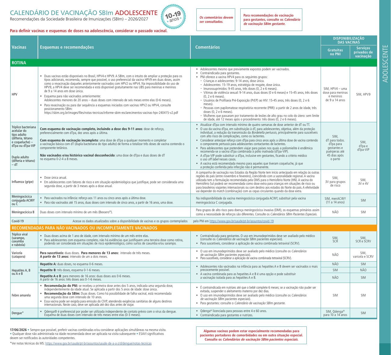 Calendário SBIm para adolescentes, edição 2026/2027