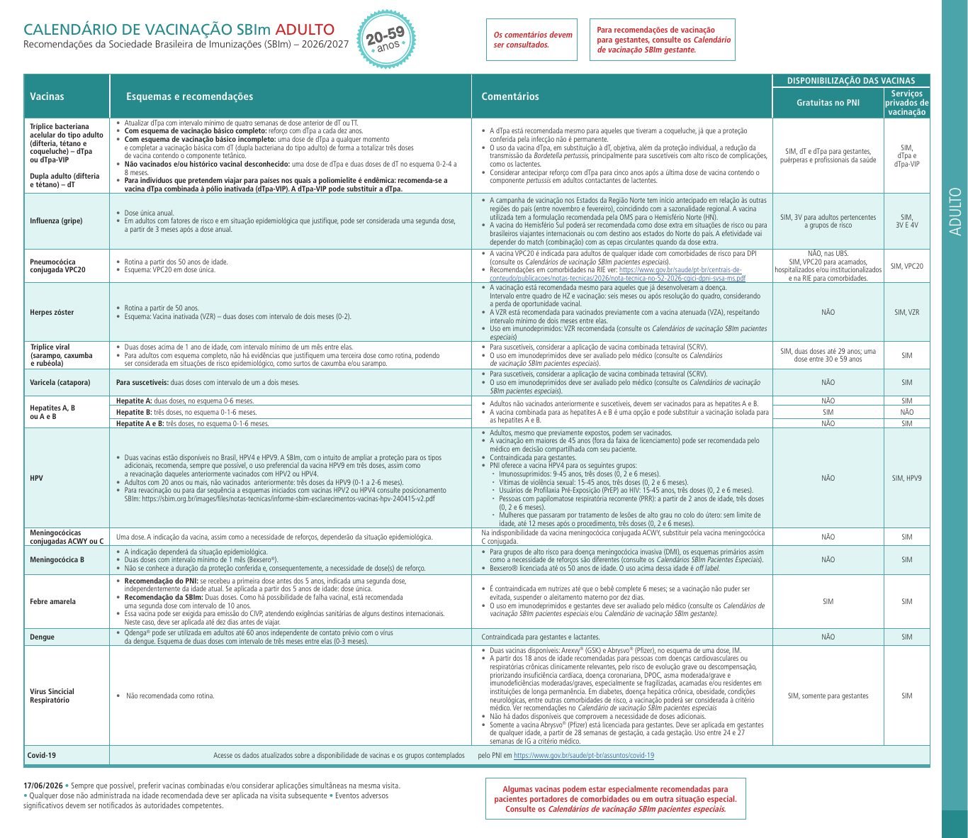 Calendário SBIm para adultos, edição 2026/2027